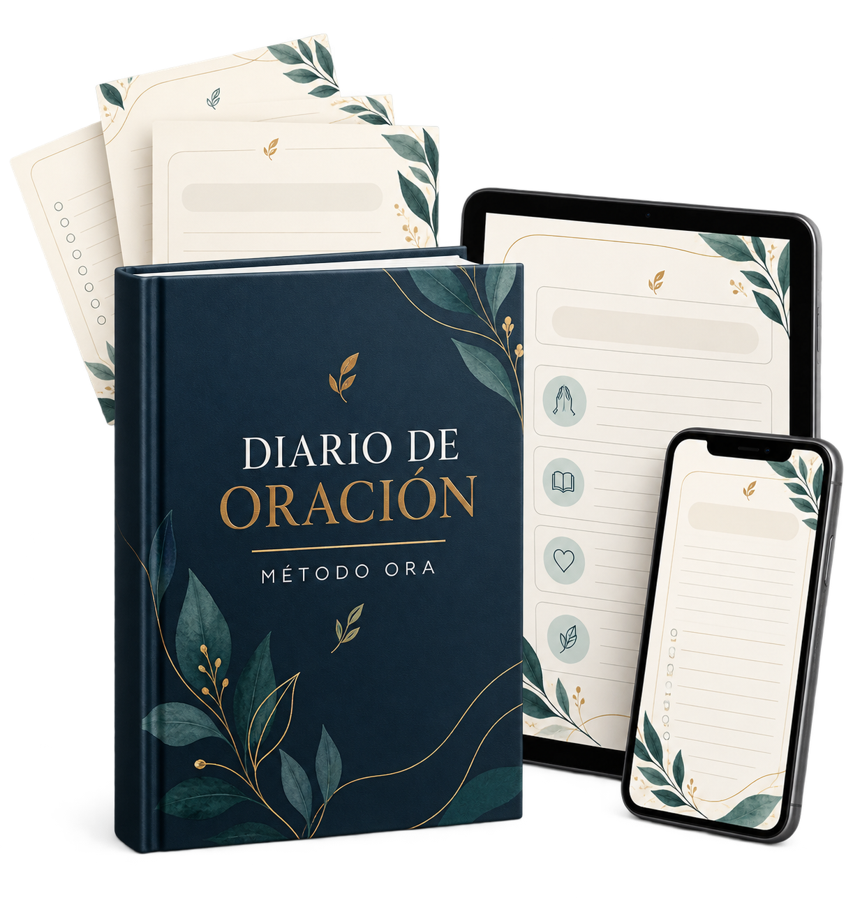 Diario de Oración Método ORA en libro, tableta y celular con páginas de práctica