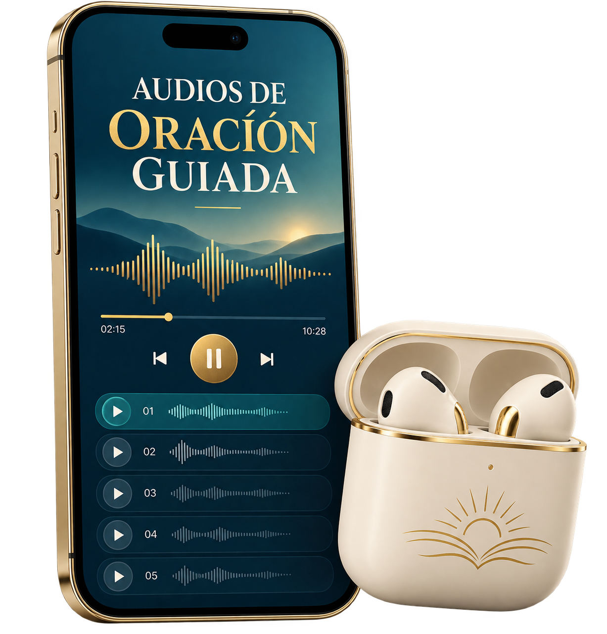 Celular con reproductor de Audios de Oración Guiada y audífonos
