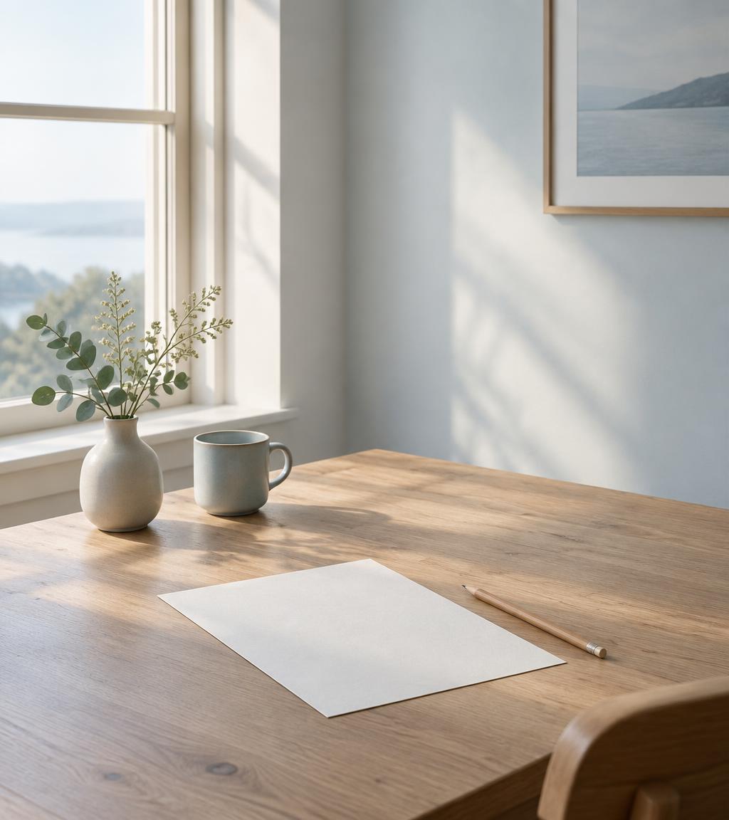 Mesa tranquila junto a una ventana con una hoja en blanco y un lápiz