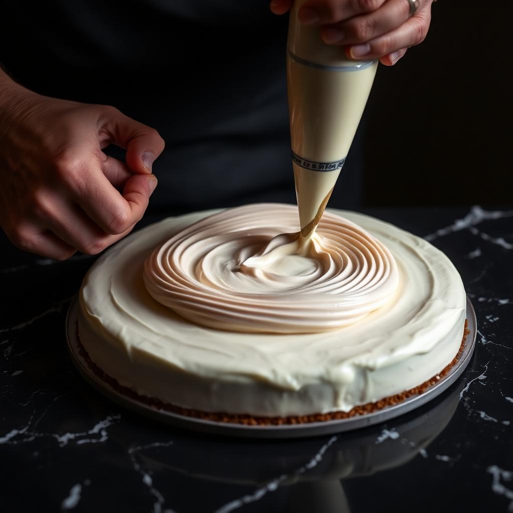 Detalle técnico del montaje de relleno sobre una torta